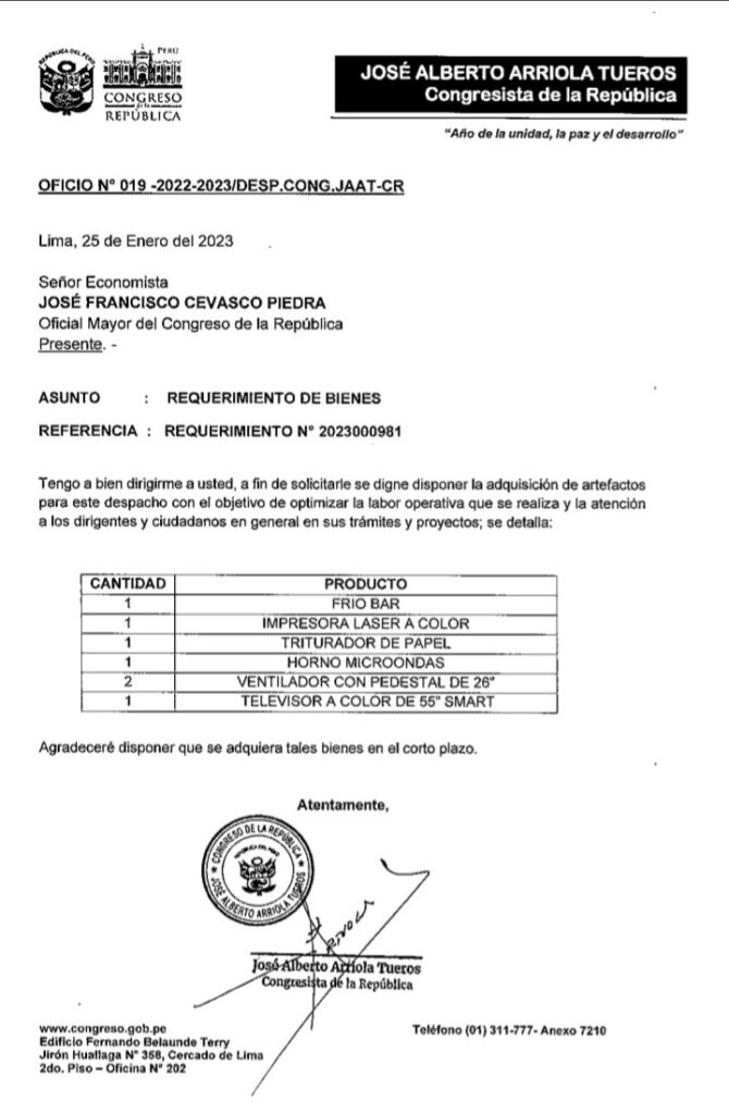 Congresista José Arriola no cuenta con productividad legislativa pero pide friobar, ventilador y Smart Tv 24 jose arriola solicitud pepe cevasco congreso